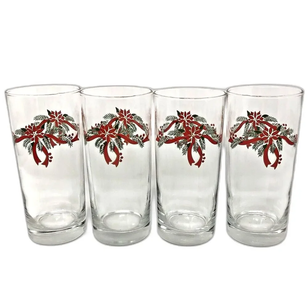 Anchor Hocking Poinsettia & Ribbon Tumblers Holiday Iced Teas 16 oz Set of 4 NEW